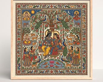 madhubani Lord Krishna with Flute print, Hindu god, Spiritual Poster, Indian Folk art