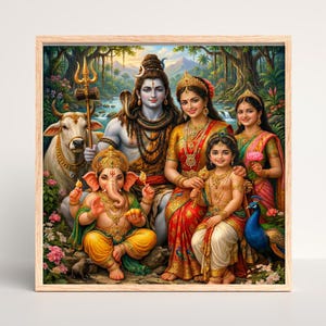 May include: A framed print depicting a Hindu family with vibrant colors. The artwork features deities and figures in traditional attire, surrounded by lush foliage and a peacock. The central figures are adorned with jewelry and hold symbolic items.