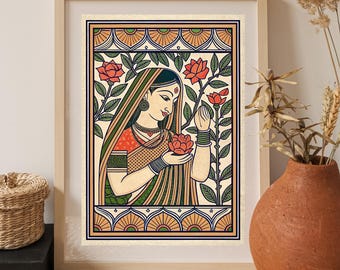 Madhubani Woman Art, Indian Folk Painting, Traditional Mithila Wall Print Cultural Boho Home Decor,