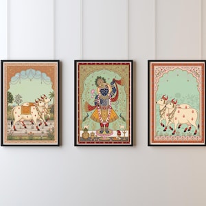 Shrinathji Pichwai print, Indian Folk Art, cow Painting, shreenathji, animal poster