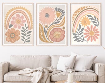 Boho Flower Wall Art, Abstract Botanical Print, Terracotta Vintage , Digital Download