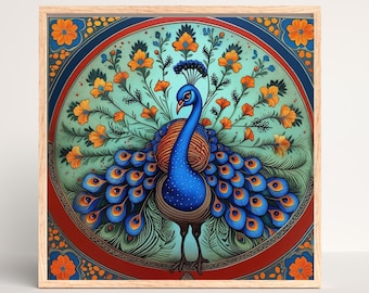 Madhubani Painting, Peacock Wall Art, Mithila Folk Print, Indian Traditional Decor