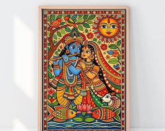 Madhubani Krishna y Radha Obra de arte Pintura Pichwai, Arte popular indio, Pájaro Póster