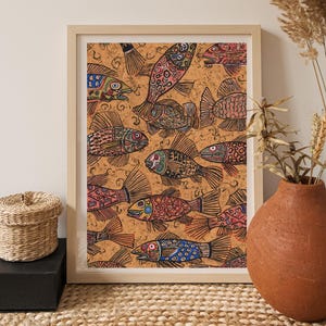 Madhubani Fish Art, Folk Wall Decor, Colorful print, Boho Pattern Poster, Indian Traditional,
