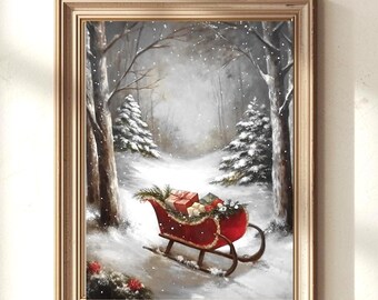 Vintage Winter Sleigh Printable | Santa Claus Christmas Wall Art | Rustic Holiday Decor