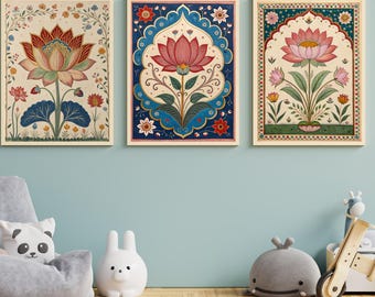 Lotus print, Pichwai wall Art, Floral Painting, Boho Wall Decor, Indian Traditional, Folk Artwork