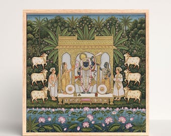 Stampa murale Shreenathji Pichwai, pittura Srinath ji, arte popolare indiana, dio indù, fiore di loto