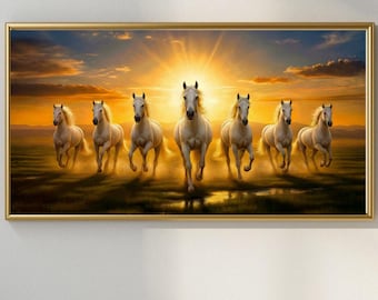 Rising Sun Seven Horses painting, 7 White Running Horse Galloping on Land, Feng Shui art