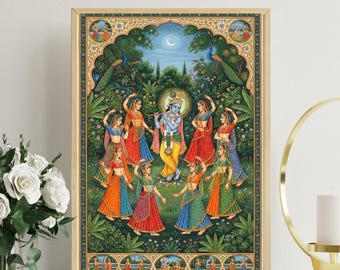 Krishna Playing Flute with Gopi's Dance Scene, Spiritual poster, Hindu god Wall Art,