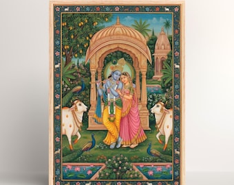 Impresión de Radha Krishna Pichwai, Dios hindú, pintura de vacas, arte popular indio, cartel espiritual