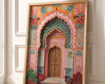 Poster de voyage en Inde à Jaipur, peinture indienne, galerie de cadeaux, impression du Rajasthan, illustration de porte