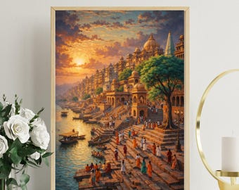 Vibrante ghat lungo il fiume di Varanasi al tramonto. Dipinto, arte popolare indiana, arte spirituale.