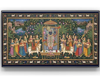 Decoración del hogar Shrinathji Pichwai, arte popular indio, pintura de vacas, Shreenathji, cartel digital