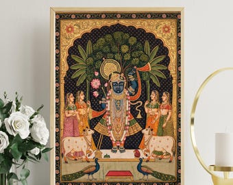 Stampa Shreenathji Pichwai, Dio indù, Pittura Srinath ji, Arte popolare indiana,