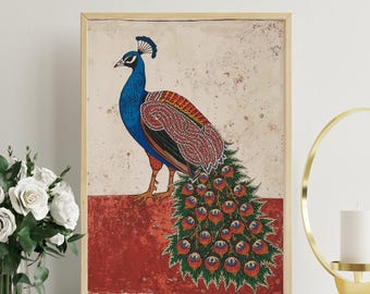 Madhubani Peacock painting, Pichwai Print ,Indian Folk art, India poster, vintage prints