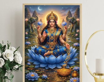 Stampa della dea Lakshmi, dipinto di Mahalakshmi, poster spirituale, arte popolare indiana, fiore di loto