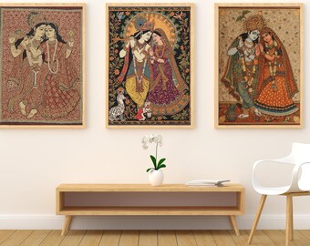 Radha Krishna Pichwai impresión de pared, Dios indio, pintura madhubani, arte popular, cartel espiritual,