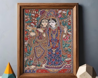 Pintura Madhubani, arte Radha Krishna, arte popular indio, decoración étnica colorida, dios hindú