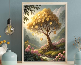 May include: A framed art print depicts a golden tree laden with coin-like leaves, set in a lush, vibrant landscape. The artwork features a winding stream, pink flowers, and rolling hills, creating a whimsical and inviting scene.