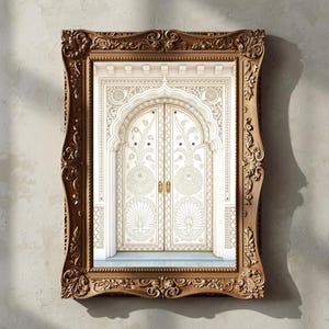 May include: A framed print featuring an ornate, cream-colored door with intricate carvings and a decorative archway. The door is set within a detailed, gold-toned wooden frame with elaborate scrollwork, creating a vintage aesthetic.