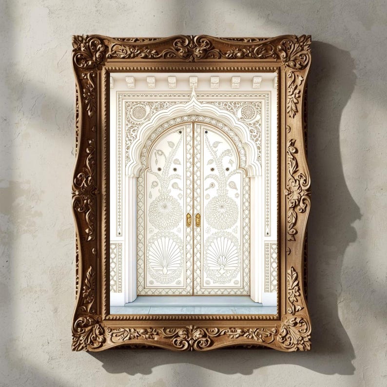 May include: A framed print featuring an ornate, cream-colored door with intricate carvings and a decorative archway. The door is set within a detailed, gold-toned wooden frame with elaborate scrollwork, creating a vintage aesthetic.