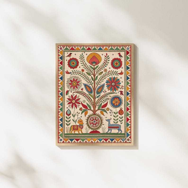 May include: A framed, colorful folk art print featuring a stylized tree with flowers, leaves, and animals. The artwork has a cream background with a decorative border of triangles and other shapes. The color palette includes red, yellow, blue, and green.