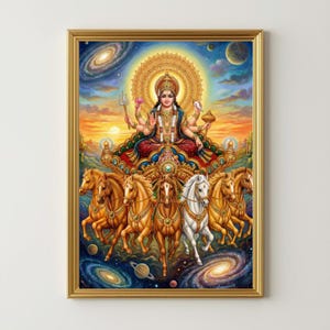 Surya dev Chariot Konsttryck, Hinduisk Gud, Andlig poster, Mytologimålning, Indiskt tryck