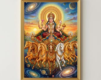 Surya dev Chariot Art print, Hindu God, Spiritual poster, Mythology painting, Indian print