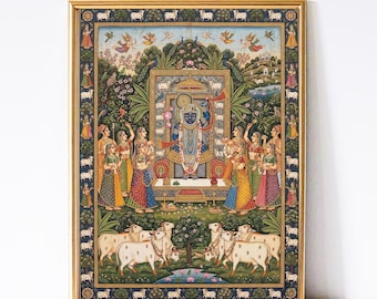 Pittura Shrinathji Pichwai, arte popolare indiana, pittura di mucca, shreenathji, poster digitale