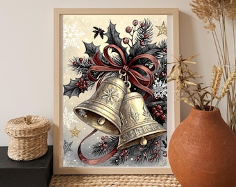 Decorazione murale con campane di Natale, stampa vintage natalizia, rustico inverno malinconico, decorazione in ottone anticato