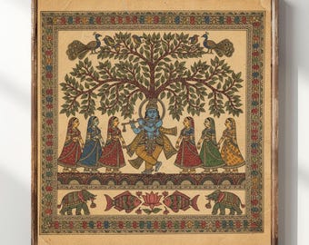 Madhubani Wall Art, vintage Print, Indian Folk Art, Vibrant Mithila Painting, Traditional Decor