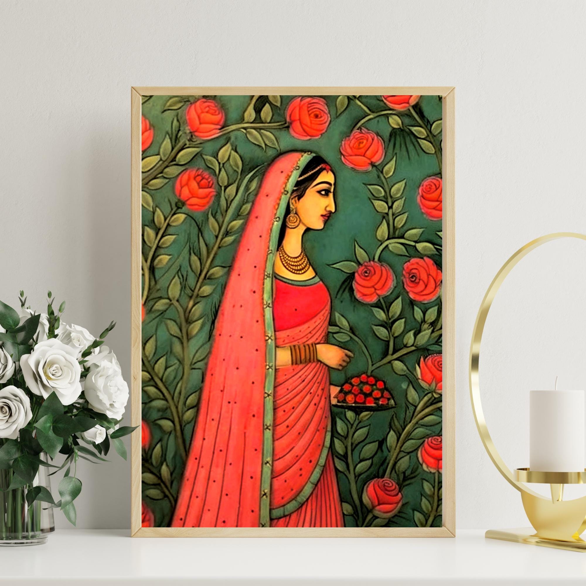 Madhubani Wall Art, Indian Woman Print, Floral Folk Art ,lady in the ...