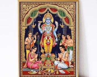 Lord Vishnu ji Sri Satyanarayana Swami, arte murale del dio indù, stampa indiana, poster spirituale