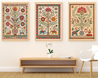 Set di stampe floreali indiane vintage, arte murale Madhubani, decorazione pittorica Mithila