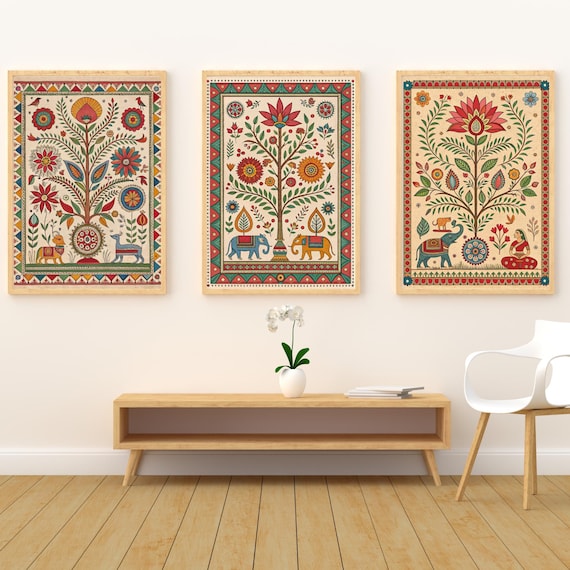 Vintage Indian Floral Prints Set, madhubani wall art, Mithila Painting Decor
