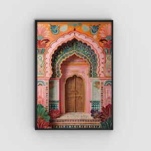 May include: A framed print depicting a detailed, colourful architectural design. The artwork features an ornate archway and door in pink, orange, green, and gold, with floral and geometric patterns. The print is set against a white background.