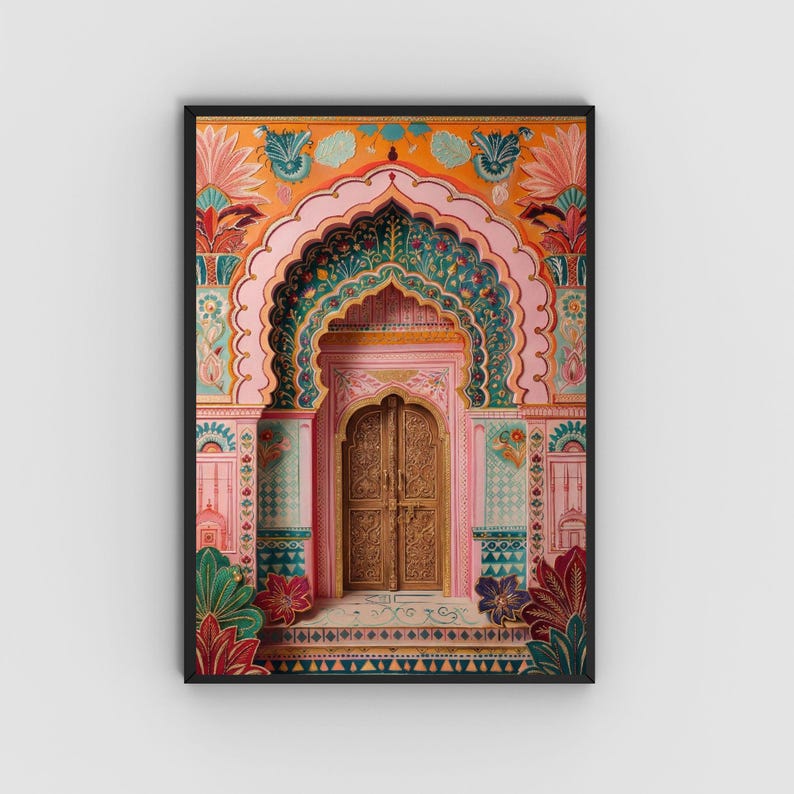 May include: A framed print depicting a detailed, colourful architectural design. The artwork features an ornate archway and door in pink, orange, green, and gold, with floral and geometric patterns. The print is set against a white background.