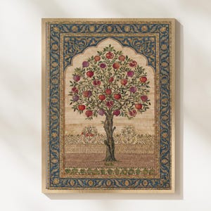 May include: A framed print featuring a stylized tree laden with red and purple pomegranates. The tree is set against a beige background with a decorative blue and gold border, creating a vintage aesthetic.