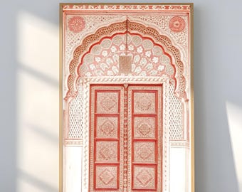 Pink Jaipur Door Wall Art, Rajasthani Architecture Print, Indian Palace Decor, Mughal Heritage Painting