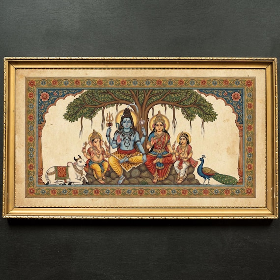 Lord Shiva, Parvati & Baby Ganesh vintage print, Indian Folk Art, Hindu god, Shiv Parivar,
