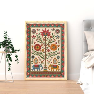 May include: A framed art print featuring a stylized tree with colorful flowers and leaves. Two elephants flank the tree's base. The artwork has a cream-colored background and a decorative border in red, green, and orange.