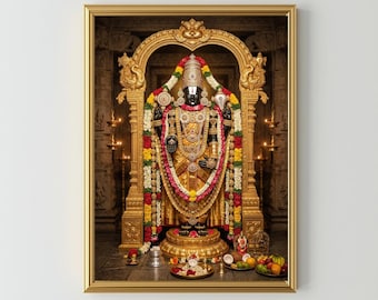 May include: A framed print of a Hindu deity, adorned in gold and colorful garlands, stands within an ornate golden archway. The statue is dark-skinned and richly decorated, with intricate details. The background features candles and architectural elements.