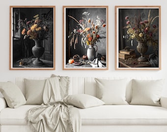 Vintage Floral Still Life Art, Rustic Fall Decor, Moody Botanical Wall Print