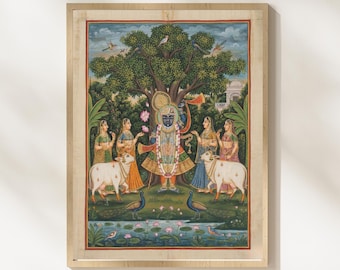 Stampa Shreenathji Pichwai, Arte popolare indiana, Pittura Shrinathji, Dio indù digitale, Arte religiosa