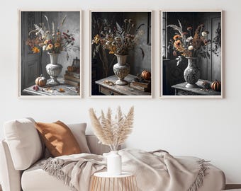 Stampa artistica con vaso floreale autunnale rustico, natura morta vintage, decorazione botanica autunnale