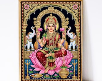 Arte murale raffigurante la dea indiana Lakshmi, dio indù, stampa di loto, dipinto tanjore, pooja, stanza