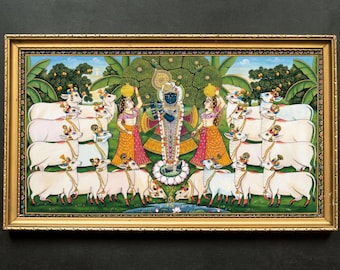 pichwai Shreenathji Stampa, pittura di mucca, arte popolare indiana, Shrinath ji, dio indù