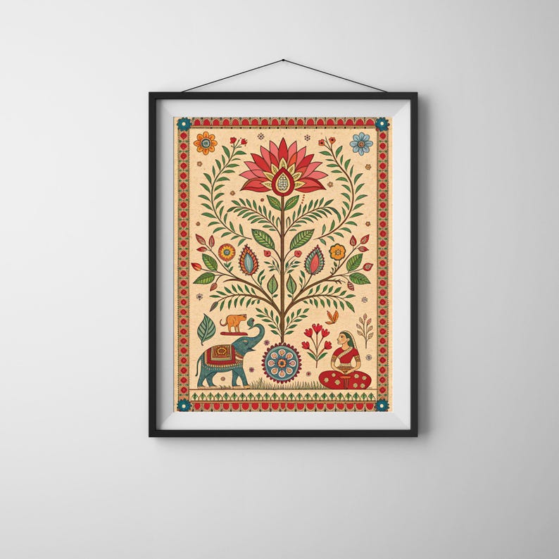 May include: A framed art print featuring a colorful illustration of a tree with a large red flower at the top. The tree has green leaves and is adorned with various floral and animal motifs, including an elephant and a seated figure.
