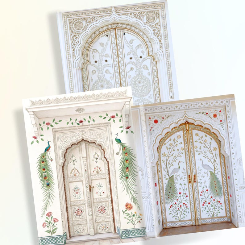 May include: Three decorative cards featuring ornate door designs. The doors are white with gold accents and intricate patterns. Some cards include peacock illustrations and floral details, creating an elegant and artistic aesthetic.