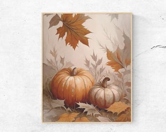 Autumn Pumpkin Wall Art, Fall Decor Printable, Harvest Scene, Rustic Seasonal Home Decor